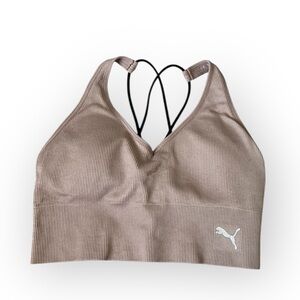 ⚪️PUMA: Women’s size M, tan & black ribbed v-neck sports bra barely worn⚪️